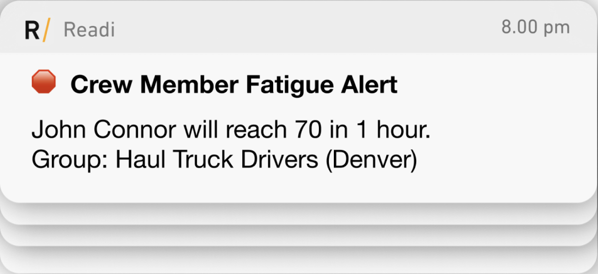 crew member fatigue alert from Readi fatigue management software