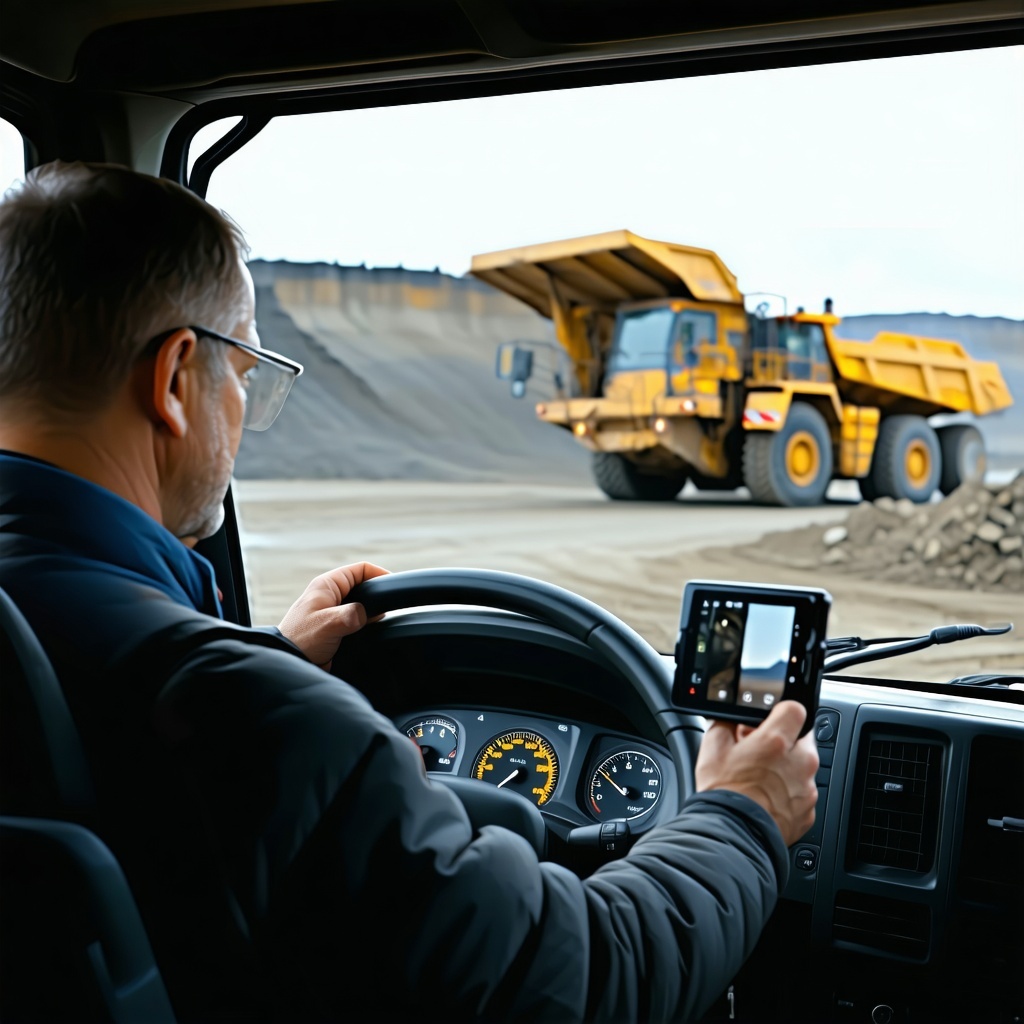 a man in a haul truck with a driver fatigue alert camera facinghim on the dashbouard a mining site in the background
