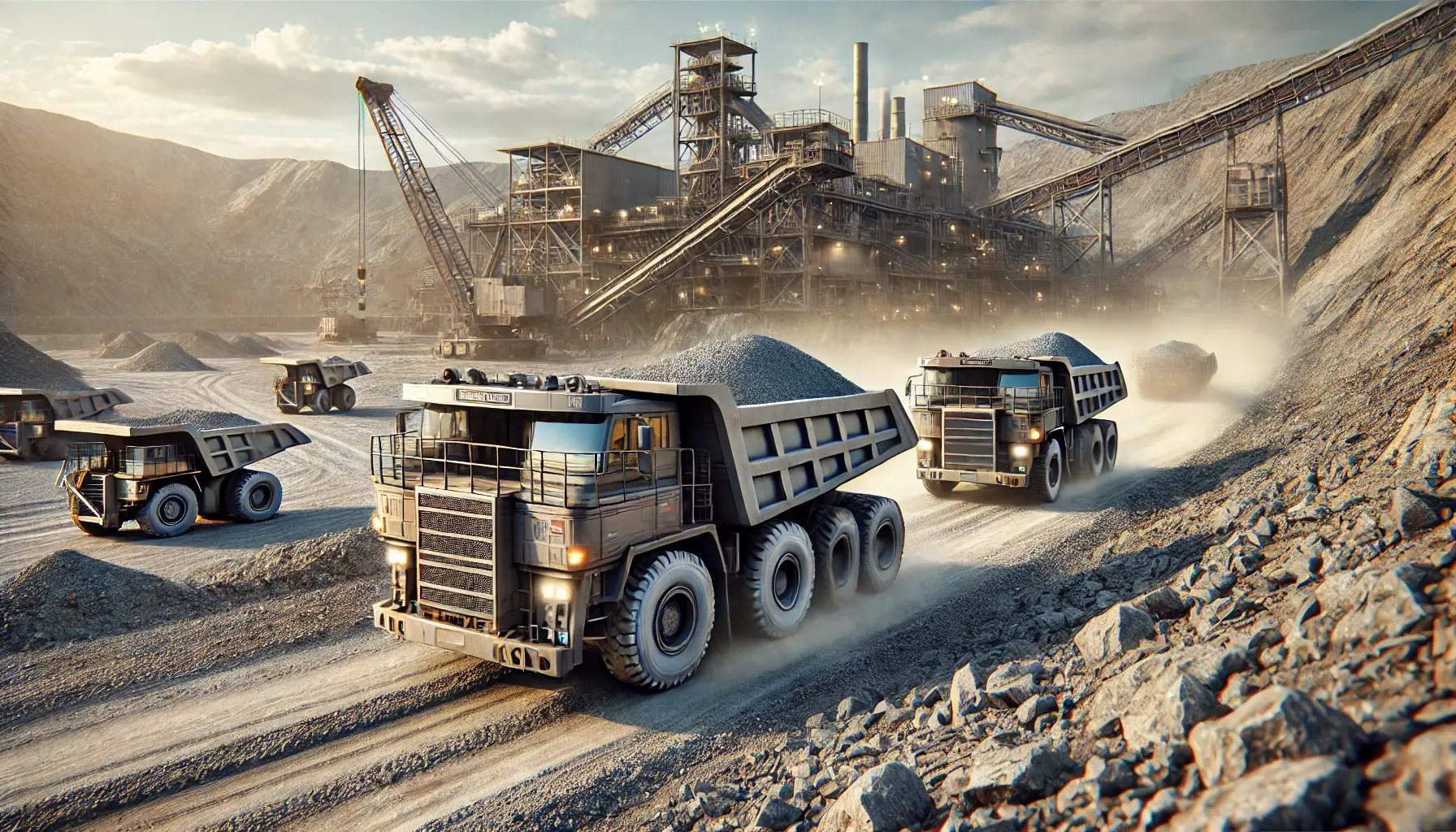 DALL·E 2024-08-07 14.16.01 - A realistic depiction of a mining site with two large concentrate transport trucks. The scene includes rugged terrain, with rocky and dusty surroundin