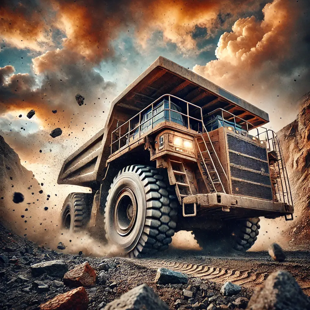 DALL·E 2024-08-07 14.19.15 - A powerful and rugged haul truck driving through a rocky terrain with an intense, dramatic sky. The truck is covered in dust and dirt, showing its use