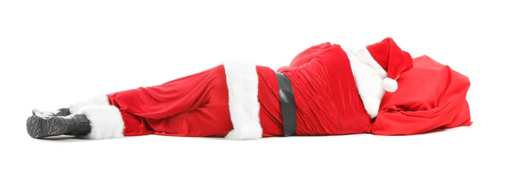 Sleeping Santa Claus on white background, back view